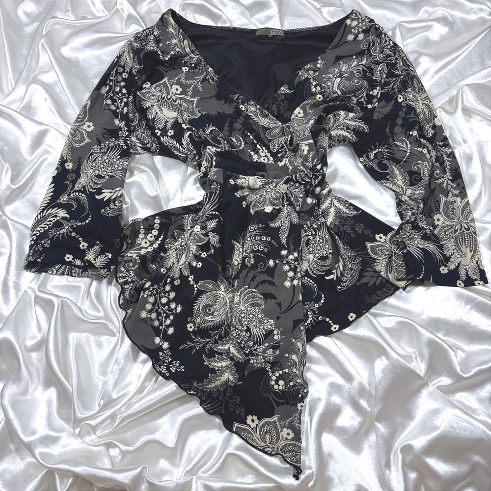 y2k Blouse Black Excellent Paisley Floral Asymmetrical Wrap V-Neck J.T.B. Woman